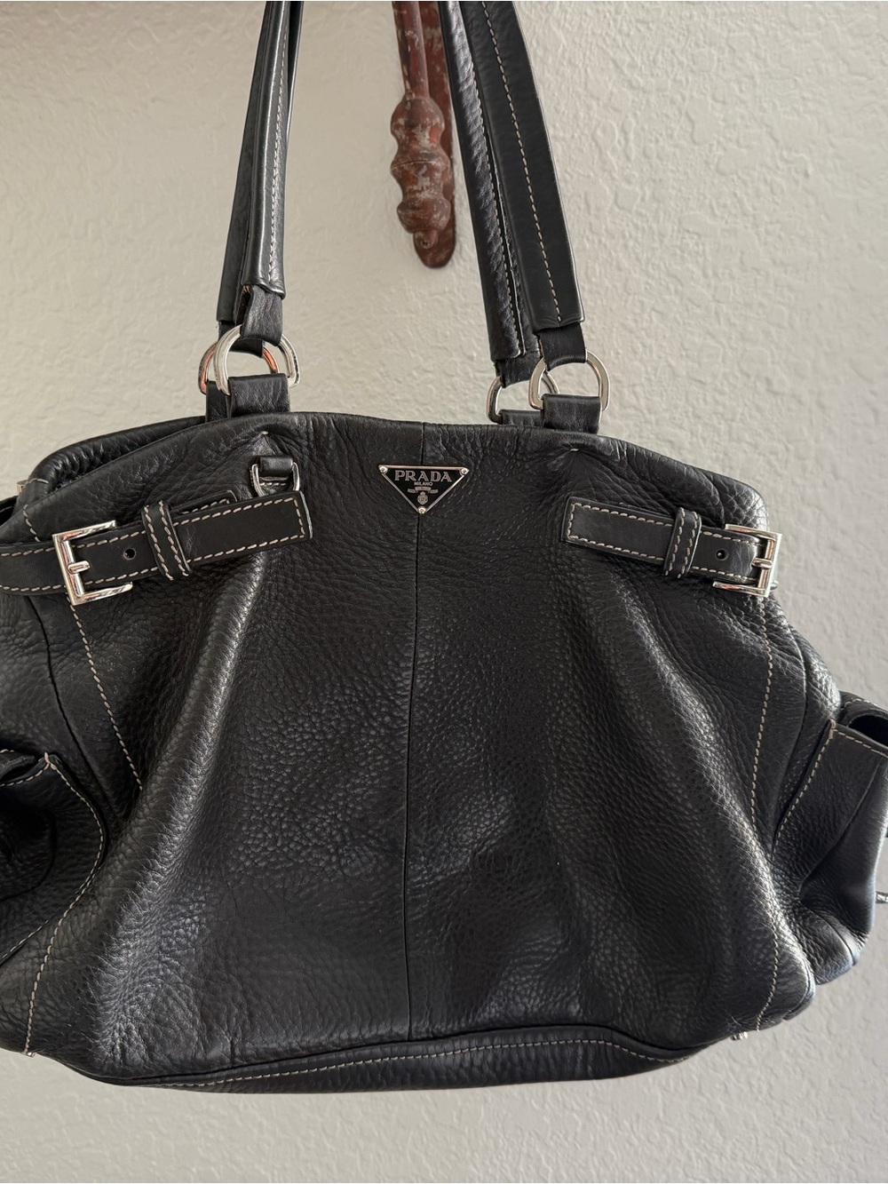 Prada Black Leather Shoulder Bag with Silver Hardware